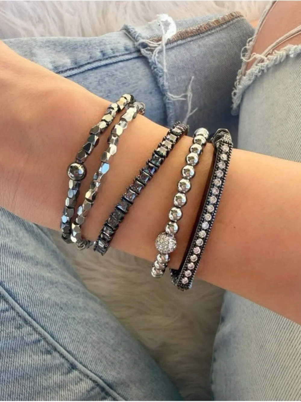 Park Lane MARS Silver Beaded Bracelet, Crystal Pavé Bead, Stretch to Fit, NWT